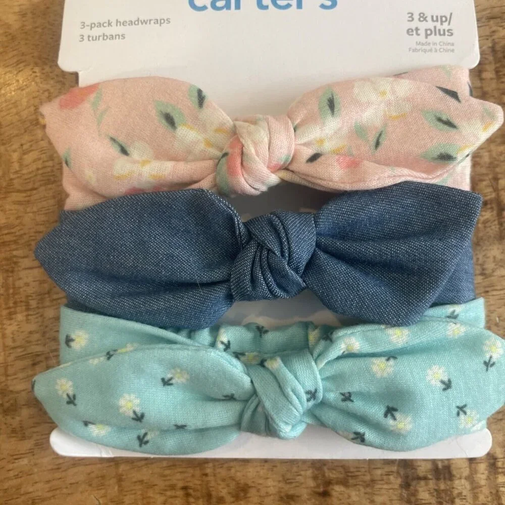 Carter's Baby Headband Set Of 3 Bows Flowers Pink Neutrals New 3+ Years